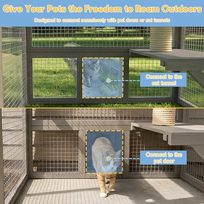Catio Outdoor Cat Enclosure Large Walk-in Cat House with Flat Roof and Multi-Level Platforms, Cat Hammock & Litter Box Shelf, Elevated Wooden Cat Shelter for Multiple Cats, Backyard Patio Garden - size: 61.5"L x 34"W x 57.5"H