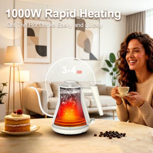 Gooseneck Electric Kettle 0.8L (27oz) - 1000W Rapid Fast Boiling Tea Kettle with Auto Shut Off, Stainless Steel Leak-Proof Elegant White Water Boiler - color: White