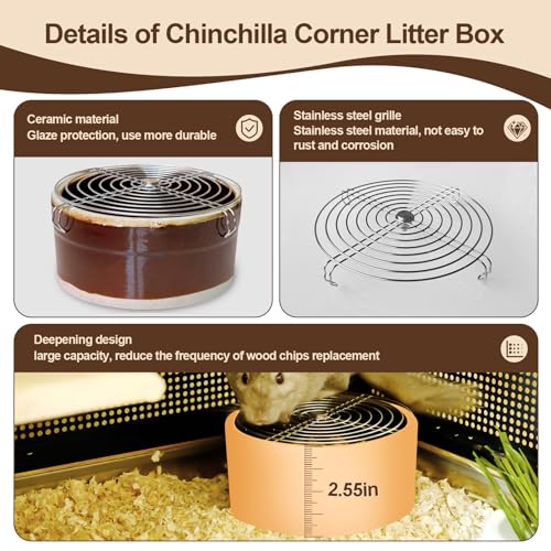 Ceramic Chinchilla Litter Box Corner Litter Box for Small Pets Round Potty Trainer Corner Litter with Stainless Steel Grids Chew-Resistant，Anti-Slip Pet Pan for Chinchillas, Small Animals