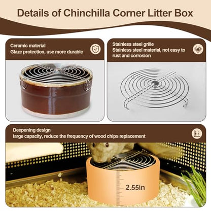 Ceramic Chinchilla Litter Box Corner Litter Box for Small Pets Round Potty Trainer Corner Litter with Stainless Steel Grids Chew-Resistant，Anti-Slip Pet Pan for Chinchillas, Small Animals