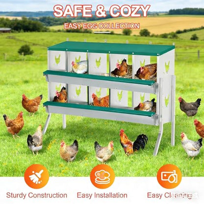 Wall Mounted Chicken Nesting Box – Weather Resistant Galvanized Steel Poultry Nest with 10 Absorbent Pads & 4 Fake Eggs, Egg Roll-Away System & Protective Lid for Coop, Barn, Backyard Hen House - size: 10 Room&Mat eggs
