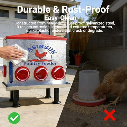 10Gal 55lb Automatic Chicken Feeder, 8 Port No Waste Chicken Feeders Rat-Proof Large Metal Poultry Feeder with Window & Catchment Tray, Adjustable Legs Waterproof Rust-Proof for Coop Outdoors