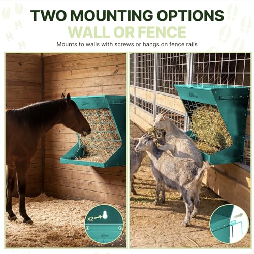 Wall Mount Hay Rack And Hay Feeder For Goats Sheep And Horses, Covered Galvanized Steel Goat Hay Feeder With Hinged Roof, 25 Gallon 2-In-1 No Waste Hanging Holder Grain Bin with hook For Cattle - color: Green