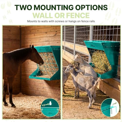 Wall Mount Hay Rack And Hay Feeder For Goats Sheep And Horses, Covered Galvanized Steel Goat Hay Feeder With Hinged Roof, 25 Gallon 2-In-1 No Waste Hanging Holder Grain Bin with hook For Cattle - color: Green