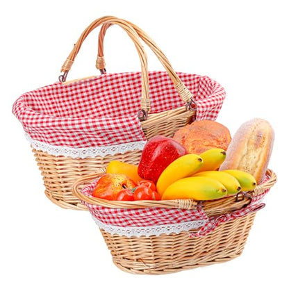 2 Pack 14.2 & 12.6 Inch Natural Wicker Basket with Linen Cotton Cloth Lining, Oval Wicker Woven Basket with Handle, Willow Woven Picnic Baskets for Picnic, Camping, Party - size: 2 Pack 14.2in&12.6in Natural(Round willow)