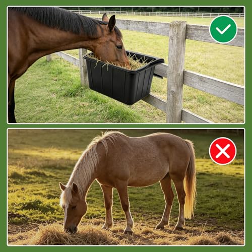 3 Pack 17 Quart Rubber Horse Feed Bucket Heavy Duty Plastic Hay Feeder for Stall Fence Pasture Stable Mountable Cattle Sheep Cow Feeding Pan with Hook for Easy Hanging Black
