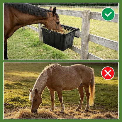 3 Pack 17 Quart Rubber Horse Feed Bucket Heavy Duty Plastic Hay Feeder for Stall Fence Pasture Stable Mountable Cattle Sheep Cow Feeding Pan with Hook for Easy Hanging Black