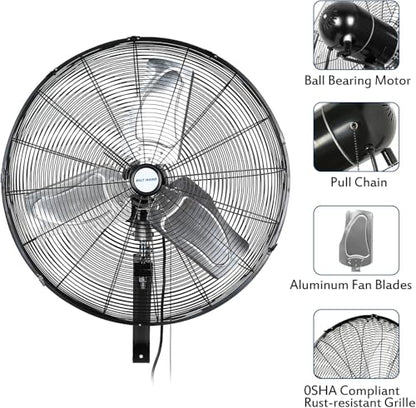 BILT HARD 24in. 6500 CFM High Velocity Wall Mounted Fan, 3-Speed Heavy Duty Shop Fan, Industrial Oscillating Fan for Commercial, Garage, Factory, Warehouse and Jobsite Use - size: 24 inch