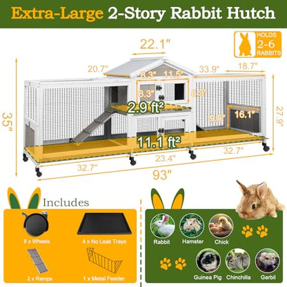 PetsCosset Double Rabbit Hutch Outdoor Indoor Large Bunny Cage with Dual Side Runs, 2-Story Wooden Hutch with 4 Leak Proof Trays, 8 Wheels, Waterproof Roof, Ramp, for Small to Medium Animals - size: 93.0"L x 22.1"W x 35.0"H