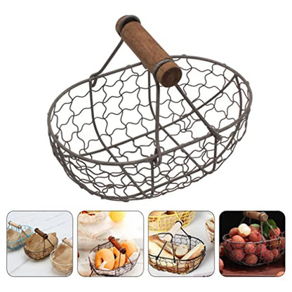 Egg Basket Wire Storage Basket with Handle Iron Art Eggs Tray Egg Gathering Vintage Country Fruit Vegetables Container Empty for Countertop Kitchen