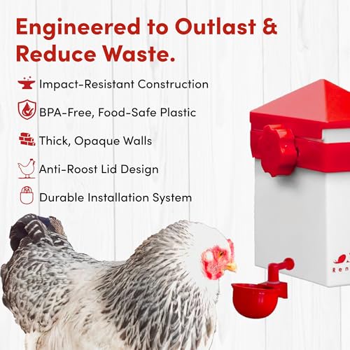 RentACoop 2.5lb Chick2Chicken Medium Sliding Port Feeder and 64 Ounce (2 Liter) Drinker Set – Includes Coop Clip, 2 Versatile Nipples, and Auto-Fill Cup for Waterer