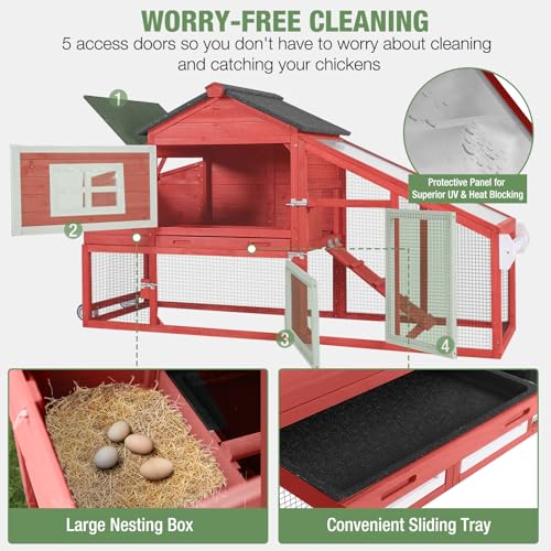 Mobile Chicken Coop with Run, Large Hen House Poultry Cage with Wheels, Nesting Box, Pull-Out Tray, Waterproof Roof, Red, 72.3" L x 26" W x 39.4" H, for 3-5 Chickens