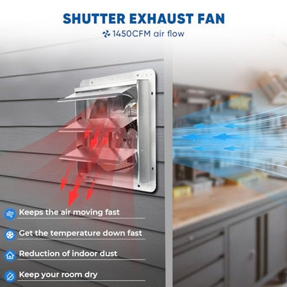 KEN BROWN 12 Inch Shutter Exhaust Fan, Gable Vent Fan, Wall Mount Ventilation, High Speed 1450 CFM, Automatic Aluminum Blades, for Garages, Shop, Greenhouse, Attic, with Power Cord - size: 12 Inch