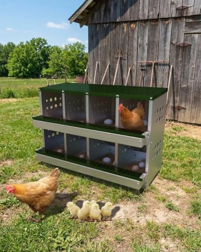 Galvanized Steel Chicken Nesting Boxes, 8-Hole Laying Boxes with Front Egg Tray ＆ Vent, Roll Away Nesting Box for Hens, Includes 8 Training Eggs, Green