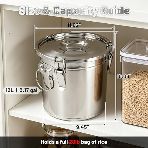 304 Stainless Steel Airtight Food Storage Containers 3.17gal/12L with Locking Lids & Clips Large Kitchen Jar for Rice, Flour, Sugar, Grain, Coffee Beans - size: 12L