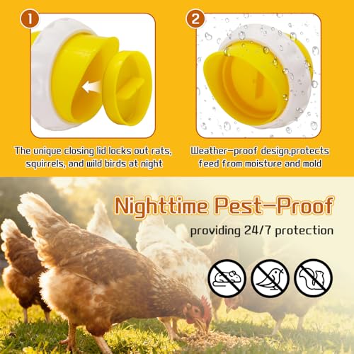 DIY Chicken Feeders 4 Ports Yellow No Waste | Automatic Rain Proof, Poultry Feeder Kit, Includes 1 Hole Saw, for Buckets Barrels Bins Troughs - color: Yellow
