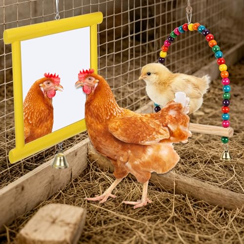 Chicken Mirror Toys Extra Large Chicken Enrichment Toys for Coop 10.6 x 10 Inch Wooden Hanging Swing Mirror with Bell Yellow Coop Pecking Accessories Molar Stones