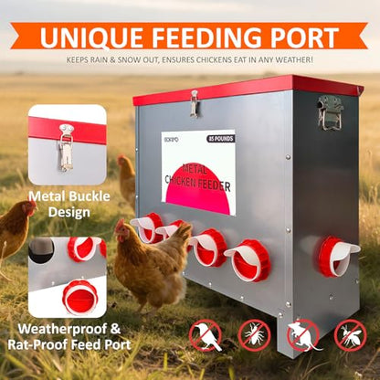 85 lb Automatic Poultry Feeder, 10-Port Feed Box for Chickens | Metal build, Locking lid, Weatherproof design, Rodent-resistant storage, Ducks, Geese, Turkeys, Backyard coop, Farm use