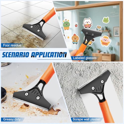 Heavy Duty Floor Scraper with Long Handle,4 Inch Razor Blade Scraper Tool | Cleaning Popcorn Ceiling Wall Glass Windows Gum Paint Tile Glue Linoleum|45.7IN Handle|10PCS Extra Metal Blades|Orange