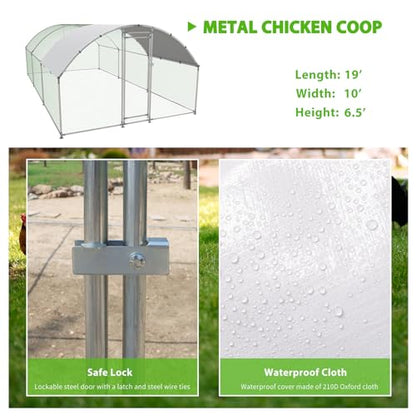NUGRIART Large Metal Chicken Coop Walk-in Poultry Cage with Water-Resident and Anti-UV Cover Duck Rabbit Cat House Outdoor Chicken Run Pen with Round Roof - size: 19’L×10’W×6.5’H
