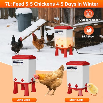 Heated Chicken Waterer, 2 Gallon Thermostatic Poultry Drinker with 4 Nipples, Outdoor Winter Water Heater with Leg Base for Chickens, Ducks, Geese, Turkeys, Anti-Freeze Automatic Watering System