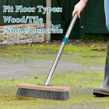 Stainless Steel Deck Scrub Brush with Long Handle, Outdoor Broom for Concrete, Deck, Cement Floor Cleaning, 53" Long Handled Heavy Duty Floor Scrubber