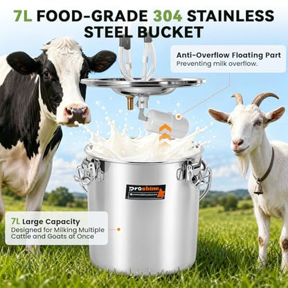 2 in 1 7L Goat Milking Machine, Electric Vacuum Pulsation Milker, Handheld Portable Milking Machine for Cows with 4 Teat Cups (for Goat Cow Battery)