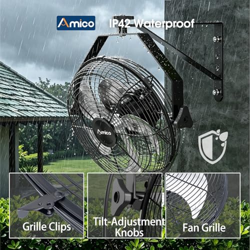Amico 14 Inch Wall Mount Fan with Remote, 9-Speed Industrial Metal Fan, High Velocity Wall Fan with Brushless DC Motor, 2500 CFM Commercial Fans for Garage, Greenhouse, Warehouse, shop, Patio, Outdoor - size: 14 inch