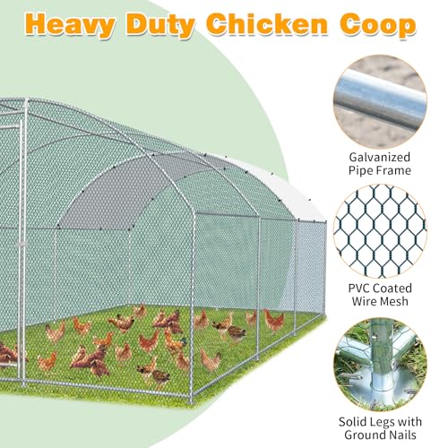 Outvita Large Metal Chicken Coop, 19.5×10FT Walk-in Poultry Cage with Waterproof & Anti-UV Round Arch Cover, Duck Rabbit Hen Cage Galvanized Mesh for Outdoor Yard Backyard and Farm - size: 234.0"L x 120.0"W x 78.0"H