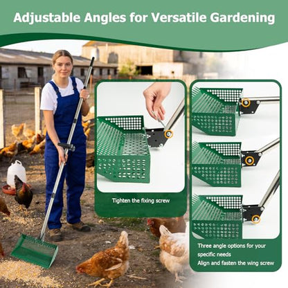 XXXFLOWER Chicken Poop Scooper & Rake 2-in-1, Metal Pooper Scooper Long Handle, Chicken Coop Rake for Chicken Coop, Sand & Pet Waste Cleaning