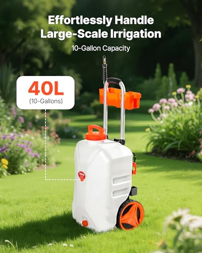 VEVOR Battery-Powered Sprayer with Wheeled Cart, 10 Gallons Electric Weed Sprayer, Adjustable 0-80 PSI, Yard Lawn Sprayers with Wheels, 5 Nozzles & 98ft Hose, 3-6H Spray Time, for Weeding, Cleaning - size: 10 Gal