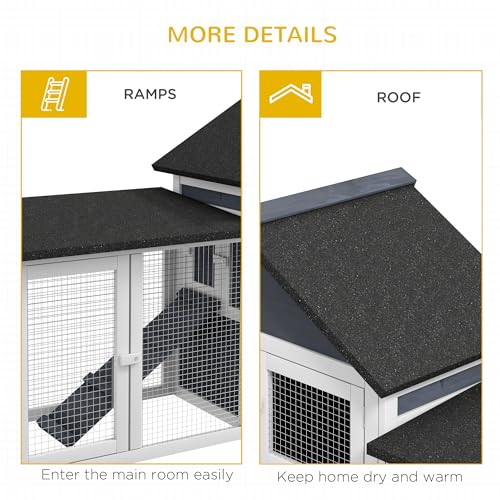 PawHut 83" L Outdoor Rabbit Hutch, Guinea Pig Cage Indoor Outdoor Wooden Bunny Hutch with Double Runs, Weatherproof Roof, Removable Tray, Ramps, Dark Gray - color: Dark Gray