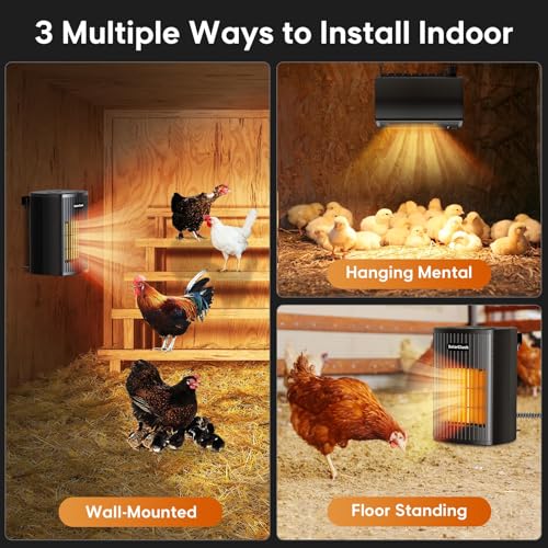 Chicken Coop Heater for Winter with Thermostat, 600W Wall-Mounted Chicken Coop Heaters Inside Coop with Adjustable Temp, Memory Function, 6.5FT Anti Chew Cord, Heat Warmer for Chickens, Ducks, Geese