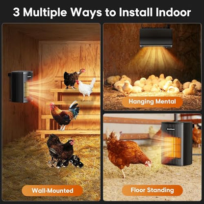 Chicken Coop Heater for Winter with Thermostat, 600W Wall-Mounted Chicken Coop Heaters Inside Coop with Adjustable Temp, Memory Function, 6.5FT Anti Chew Cord, Heat Warmer for Chickens, Ducks, Geese