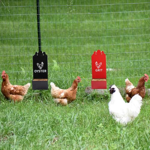 Kalekey 2 Pack Metal Chicken Feeder, Oyster Shell and Grit Feeder Hanging/Ground Chicken Coop Feeder with Durable Iron Construction for Hens & Chicks (Black & Red)