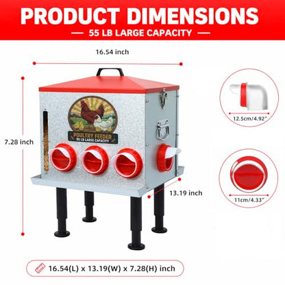 55lbs Automatic Chicken Feeder Large Capacity - 8 Feeding Ports, Galvanized Steel Rainproof Chicken Feeder, Height-Adjustable Legs & Secure Locking Lid for Chickens, Ducks & Poultry