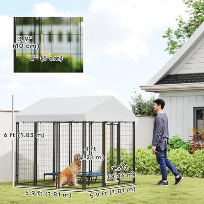 PawHut Outdoor Dog Kennel with Roof, 6' x 6' x 6' Heavy Duty Welded Wire Dog Playpen Enclosure with Escape-Proof Lock, UV-Resistant & Waterproof Cover, for Large Dogs, Chickens, Ducks, Silver - size: 71.3"L x 71.3"W x 72.0"H, style: Single Room