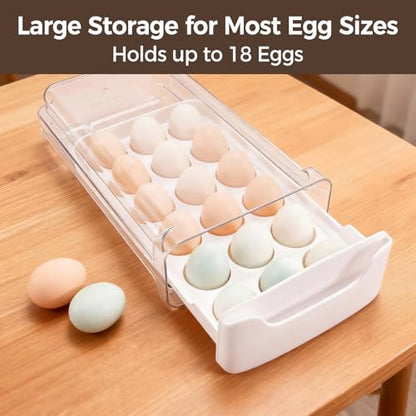 Egg-Holder for Fridge, 18 Egg-Storage for Refrigerator Countertop, 1 Tier Dispenser with Drawer, Stackable Clear Egg Tray Container, Egg Organizer, Fits Large Eggs, White - size: 1 Tier-White