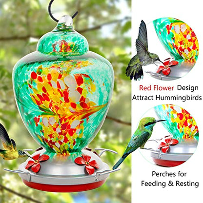 REZIPO Hummingbird Feeder with Perch - Hand Blown Glass - 38 Fluid Ounces Hummingbird Nectar Capacity Include Hanging Wires and Moat Hook (Green) - color: Green