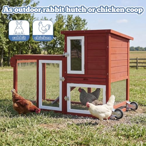 Rabbit Hutch Indoor Outdoor Bunny Cage, Weather Resistant Openable Roof, Slide Out Tray, Handle & Rolling Wheels, Chicken Coop, 48.05" L x 26.02" W x 34.3" H, Red - color: Red