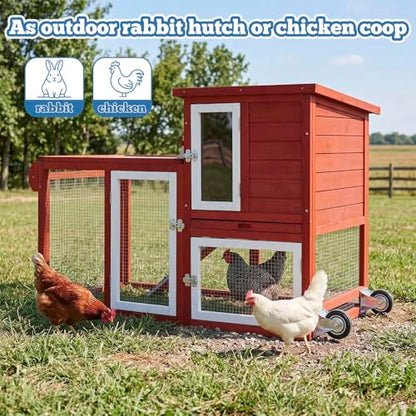 Rabbit Hutch Indoor Outdoor Bunny Cage, Weather Resistant Openable Roof, Slide Out Tray, Handle & Rolling Wheels, Chicken Coop, 48.05" L x 26.02" W x 34.3" H, Red - color: Red