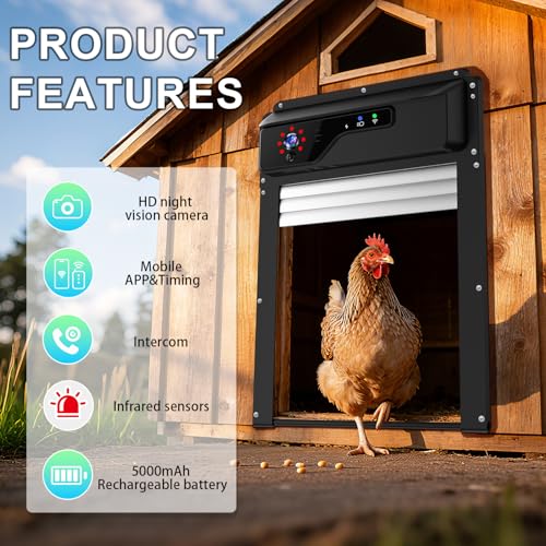 Automatic Chicken Coop Door with HD Camera and APP,Solar Chicken coop Door with Alarm Driver,Night Vision,Remote Controller,Timer,Intercom,Anti-Pinch,5000 mAh Rechargeable Battery