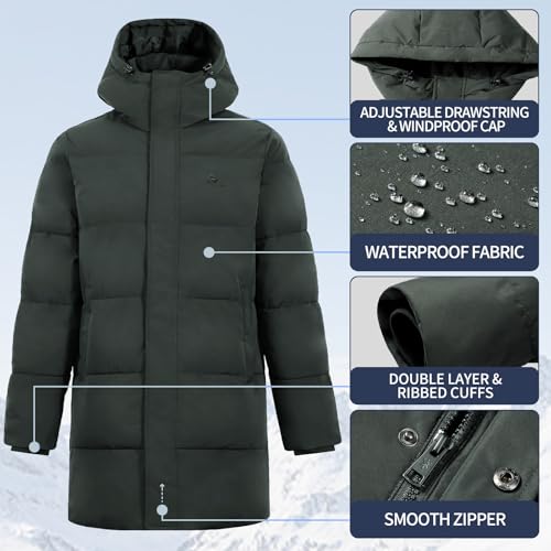 Pioneer Camp Mens Long Winter Coat Hooded Waterproof Insulated Puffer Jacket Thicken Puffy Warm Down Windbreaker Parka - color: Dark Green, size: Medium