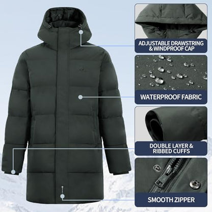 Pioneer Camp Mens Long Winter Coat Hooded Waterproof Insulated Puffer Jacket Thicken Puffy Warm Down Windbreaker Parka - color: Dark Green, size: XX-Large