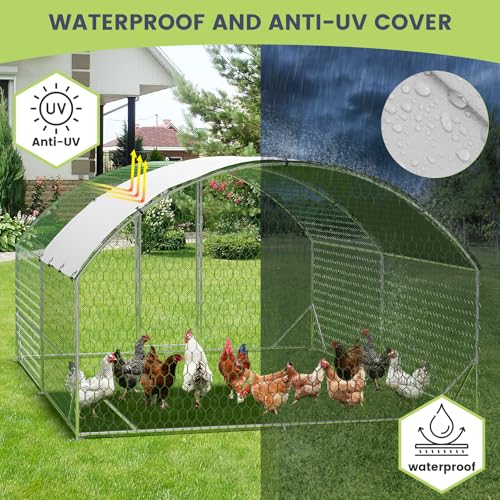 Large Metal Chicken Coop, Walk-in Poultry Cage, Large Chicken Run with Waterproof & Anti-UV Cover, Chicken Coop Run with Lockable Doors for Outdoor, 9.8 x 13.1 x 6.6FT - size: 9.8' W x 6.5' L x 13.1' H