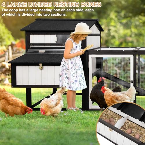 PetsCosset 116" L Large Chicken Coop and Run, Hen House with 4 Nesting Box Boxes, Rabbit Hutch Poultry Bunny Cage for 4-6 Chickens with 4 Perches, Removable Tray and Ramp and UV-Resistant Roof Panel - color: Black White