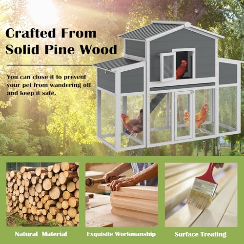 Wooden Chicken Coop for 2-6 Chickens, Outdoor Chicken House with Run & 2 Nest Boxes, Outside Hen House Poultry House Pet Hutch Chicken Cage with Waterproof Roof & Ramp, (66''LX32''WX53''H) - size: 66"L x 32"W x 53"H