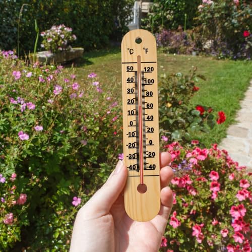 10.5 Inch Wooden Thermometer, Outdoor Wall-Mountable, Waterproof, Easy To Read, Celsius Fahrenheit Dual Scale, Patio Home Garden Décor