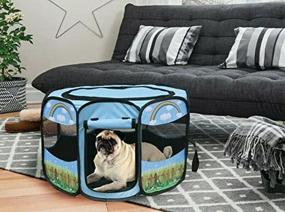 Pet Portable Foldable Play Pen Exercise Kennel Dogs Cats Indoor/outdoor tent for small medium large pets Animal Playpen with Pop up mesh cover great for travel LARGE,BLUE/GREEN - style: Large