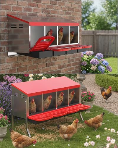 4 Hole Roll Away Chicken Nesting Box - Chickens Laying Box with Removable Tray, Easy Egg Collection & Cleaning, Metal Nesting Boxes for Backyard, Farm, Poultry Coop, with Bracket Legs - color: red, size: 4 Compartments with legs